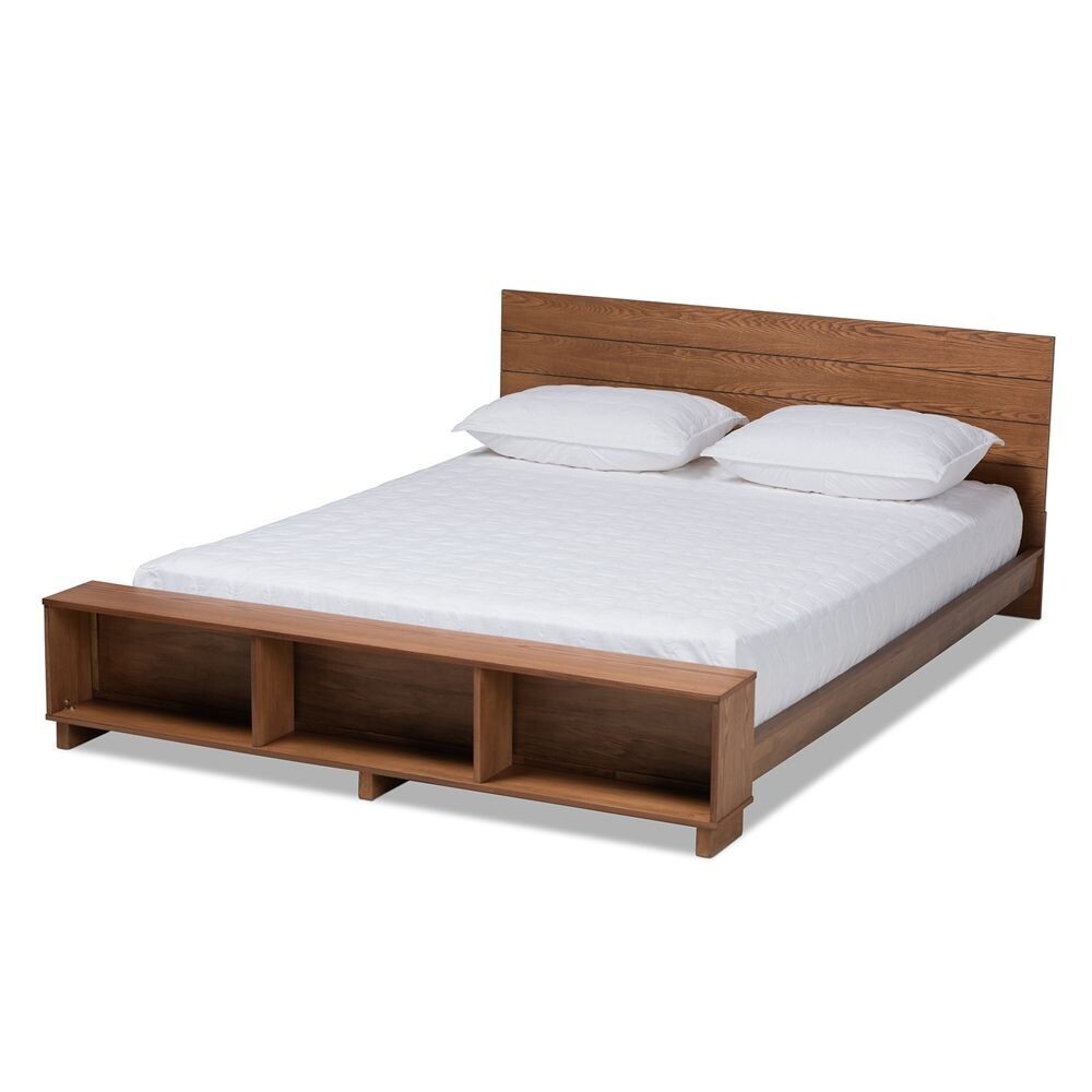 BAXTON STUDIO REGINA MODERN RUSTIC ASH WALNUT BROWN FINISHED WOOD KING SIZE PLATFORM STORAGE BED WITH BUILT-IN SHELVES