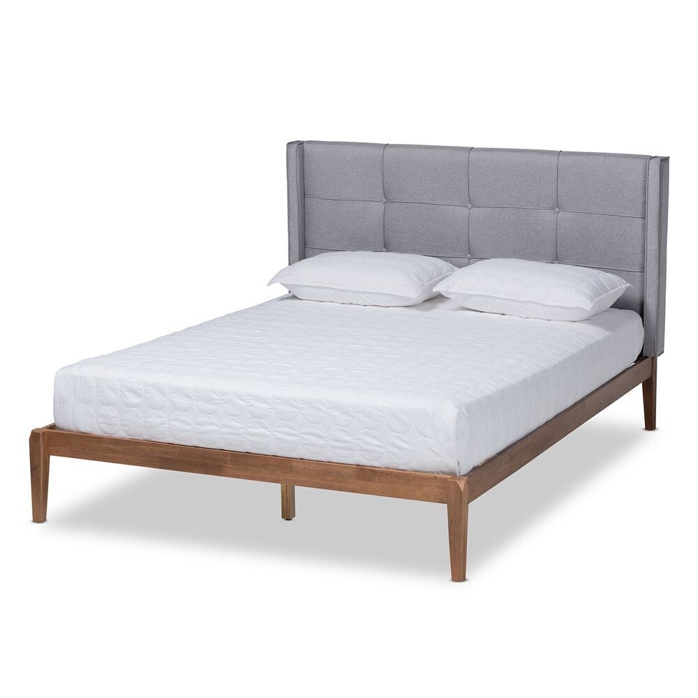 BAXTON STUDIO EDMOND MODERN AND CONTEMPORARY GREY FABRIC UPHOLSTERED AND ASH WALNUT BROWN FINISHED WOOD KING SIZE PLATFORM BED