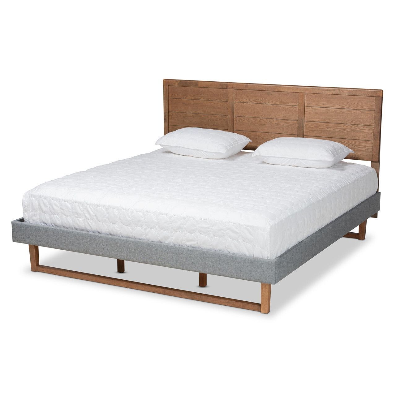BAXTON STUDIO GABRIELA RUSTIC MODERN DARK GREY FABRIC UPHOLSTERED AND ASH WALNUT BROWN FINISHED WOOD KING SIZE PLATFORM BED