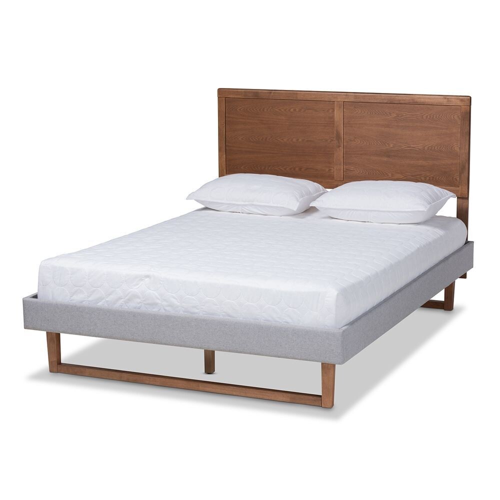 BAXTON STUDIO ELOISE RUSTIC MODERN LIGHT GREY FABRIC UPHOLSTERED AND ASH WALNUT BROWN FINISHED WOOD KING SIZE PLATFORM BED