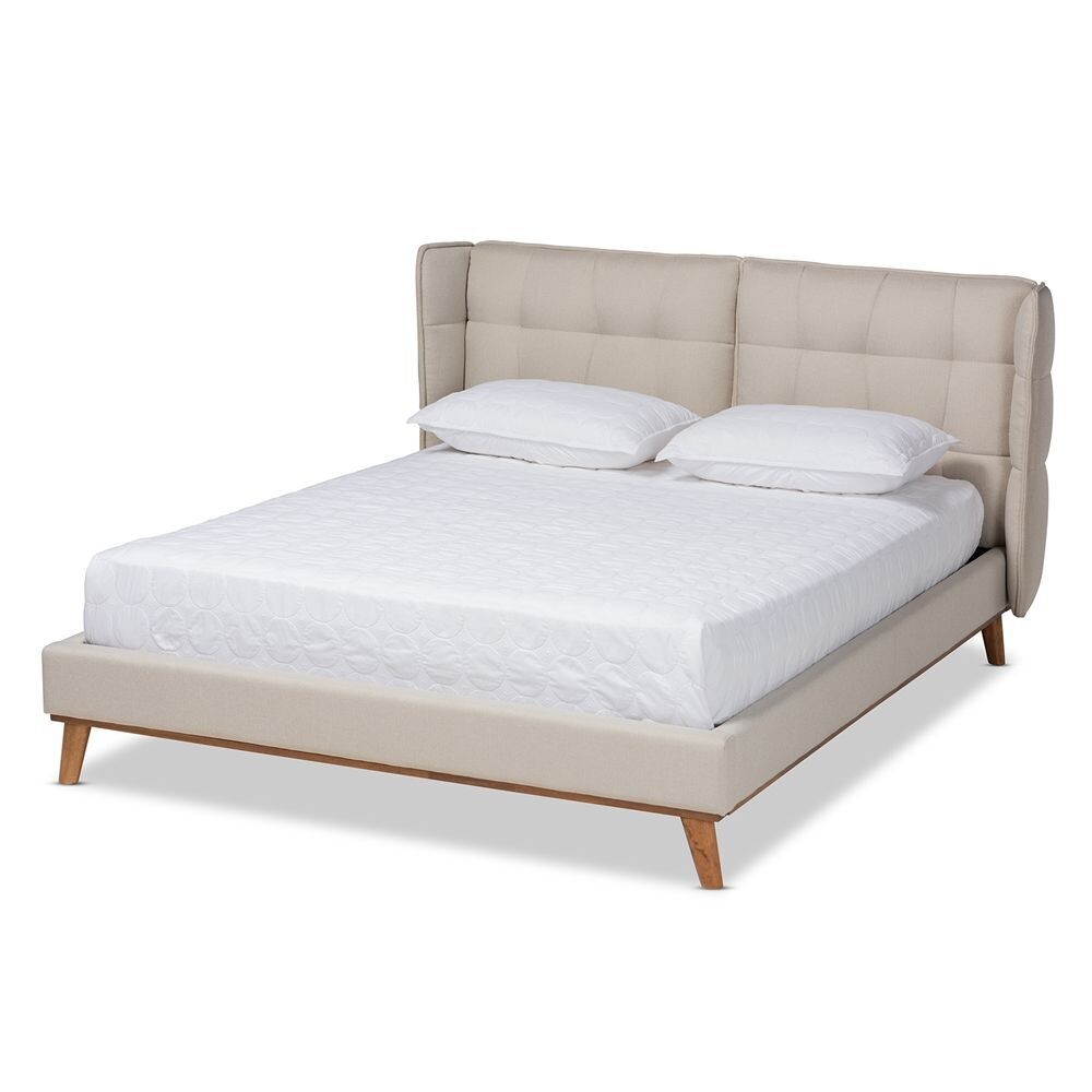 BAXTON STUDIO GRETCHEN MODERN AND CONTEMPORARY LIGHT BEIGE FABRIC UPHOLSTERED AND WALNUT BROWN FINISHED WOOD KING SIZE PLATFORM WINGBACK BED