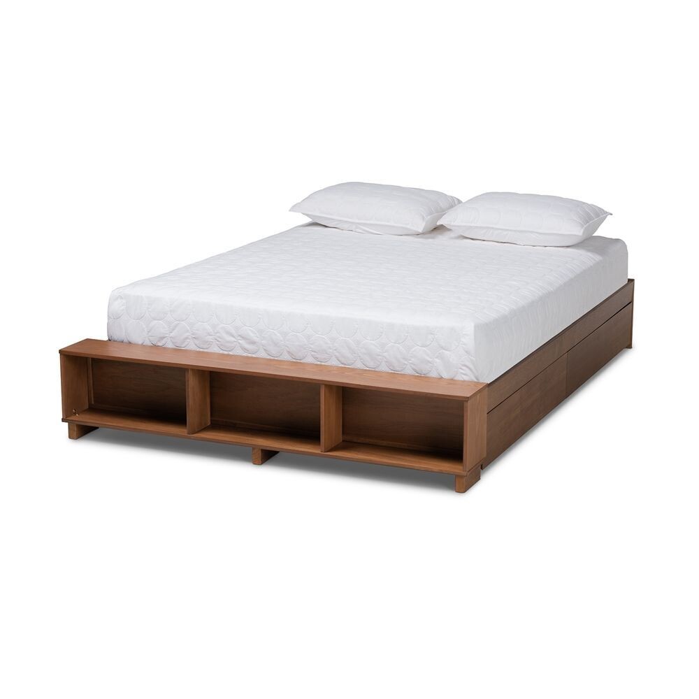BAXTON STUDIO ARTHUR MODERN RUSTIC ASH WALNUT BROWN FINISHED WOOD KING SIZE PLATFORM BED WITH BUILT-IN SHELVES