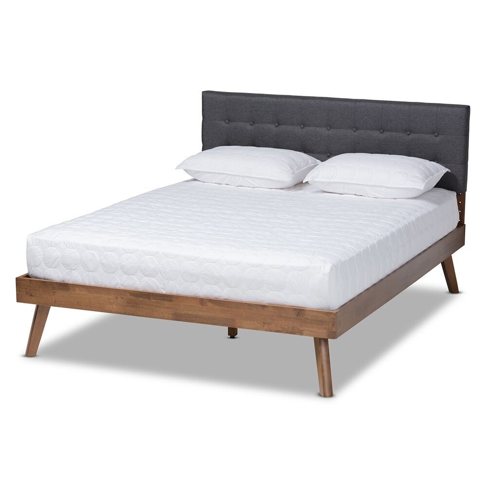 BAXTON STUDIO DEVAN MID-CENTURY MODERN DARK GREY FABRIC UPHOLSTERED WALNUT BROWN FINISHED WOOD KING SIZE PLATFORM BED