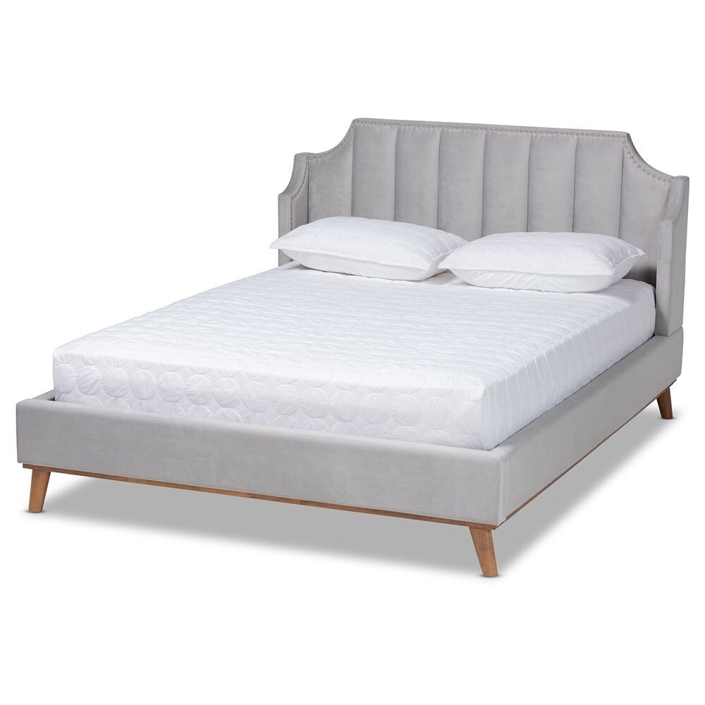 BAXTON STUDIO ADELIE MODERN GLAM LIGHT GREY VELVET FABRIC UPHOLSTERED WALNUT BROWN FINISHED WOOD KING SIZE WINGBACK PLATFORM BED
