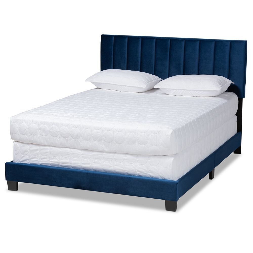 BAXTON STUDIO CLARE GLAM AND LUXE NAVY BLUE VELVET FABRIC UPHOLSTERED KING SIZE PANEL BED WITH CHANNEL TUFTED HEADBOARD