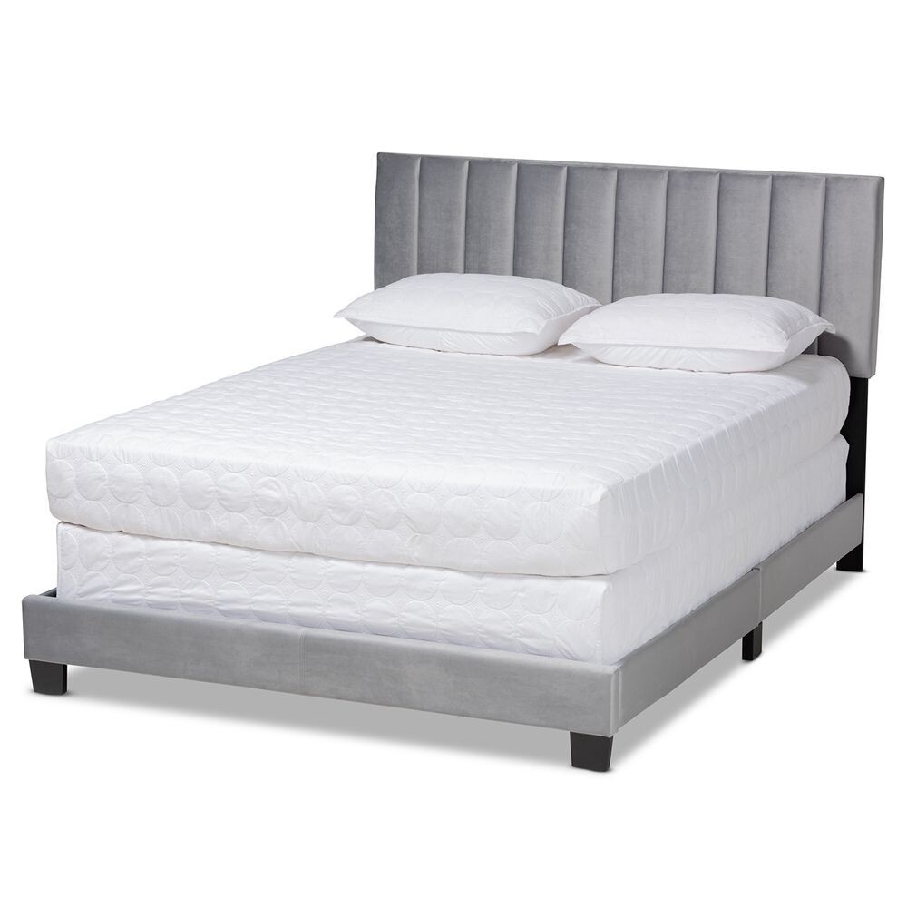 BAXTON STUDIO CLARE GLAM AND LUXE GREY VELVET FABRIC UPHOLSTERED KING SIZE PANEL BED WITH CHANNEL TUFTED HEADBOARD