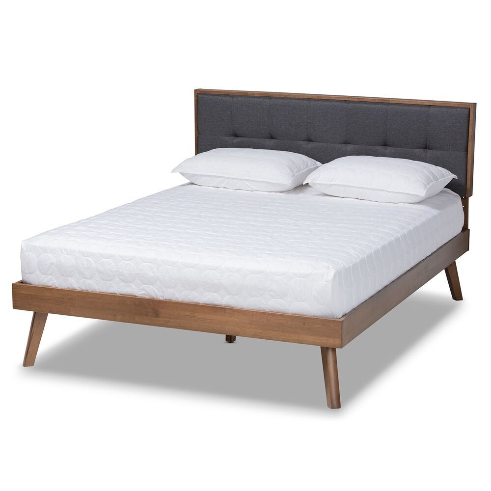 BAXTON STUDIO ALKE MID-CENTURY MODERN DARK GREY FABRIC UPHOLSTERED WALNUT BROWN FINISHED WOOD KING SIZE PLATFORM BED