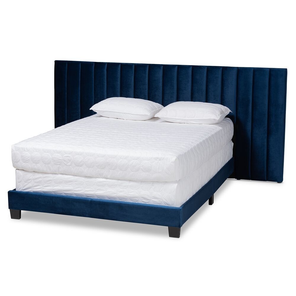 BAXTON STUDIO FIORENZA GLAM AND LUXE NAVY BLUE VELVET FABRIC UPHOLSTERED KING SIZE PANEL BED WITH EXTRA WIDE CHANNEL TUFTED HEADBOARD