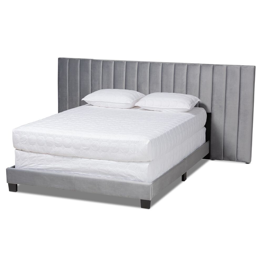 BAXTON STUDIO FIORENZA GLAM AND LUXE GREY VELVET FABRIC UPHOLSTERED KING SIZE PANEL BED WITH EXTRA WIDE CHANNEL TUFTED HEADBOARD
