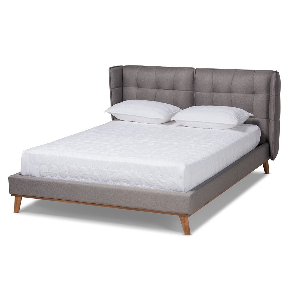 BAXTON STUDIO GRETCHEN MODERN AND CONTEMPORARY GREY FABRIC UPHOLSTERED AND WALNUT BROWN FINISHED WOOD KING SIZE PLATFORM WINGBACK BED