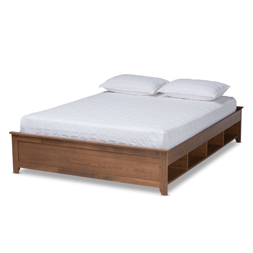 BAXTON STUDIO ANDERS TRADITIONAL AND RUSTIC ASH WALNUT BROWN FINISHED WOOD KING SIZE PLATFORM STORAGE BED FRAME WITH BUILT-IN SHELVES