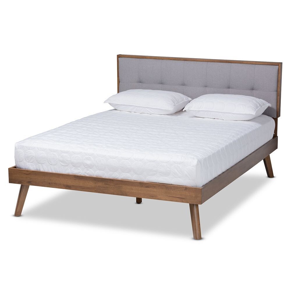 BAXTON STUDIO ALKE MID-CENTURY MODERN LIGHT GREY FABRIC UPHOLSTERED WALNUT BROWN FINISHED WOOD KING SIZE PLATFORM BED