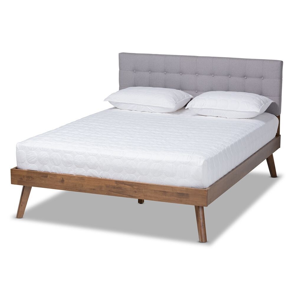 BAXTON STUDIO DEVAN MID-CENTURY MODERN LIGHT GREY FABRIC UPHOLSTERED WALNUT BROWN FINISHED WOOD KING SIZE PLATFORM BED