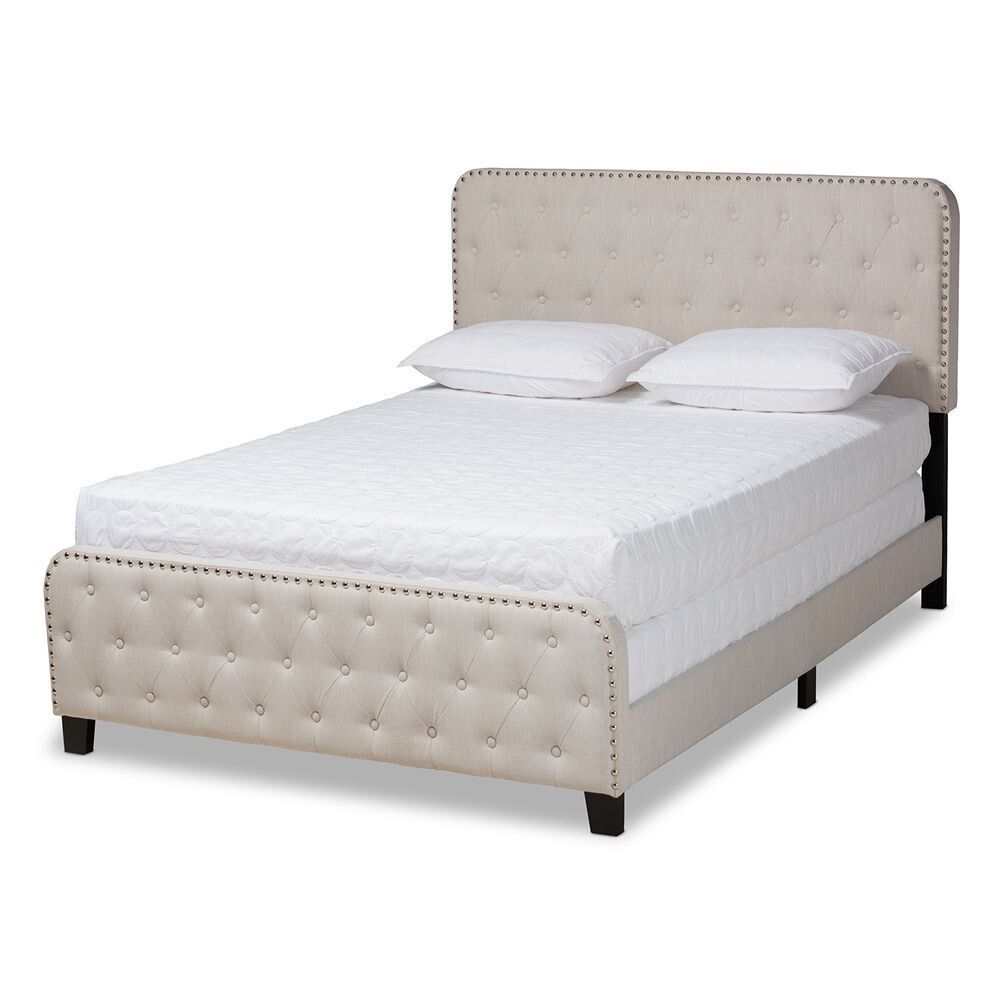 BAXTON STUDIO ANNALISA MODERN TRANSITIONAL BEIGE FABRIC UPHOLSTERED BUTTON TUFTED KING SIZE PANEL BED