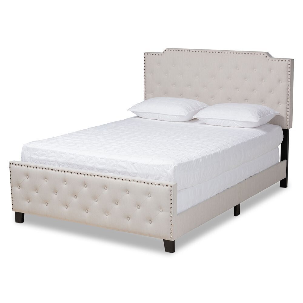 BAXTON STUDIO MARION MODERN TRANSITIONAL BEIGE FABRIC UPHOLSTERED BUTTON TUFTED KING SIZE PANEL BED
