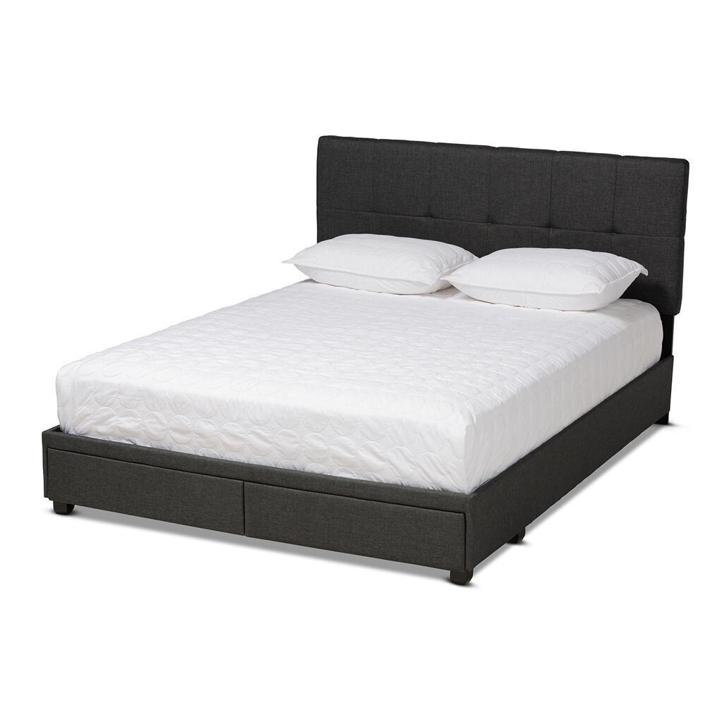BAXTON STUDIO NETTI DARK GREY FABRIC UPHOLSTERED 2-DRAWER KING SIZE PLATFORM STORAGE BED