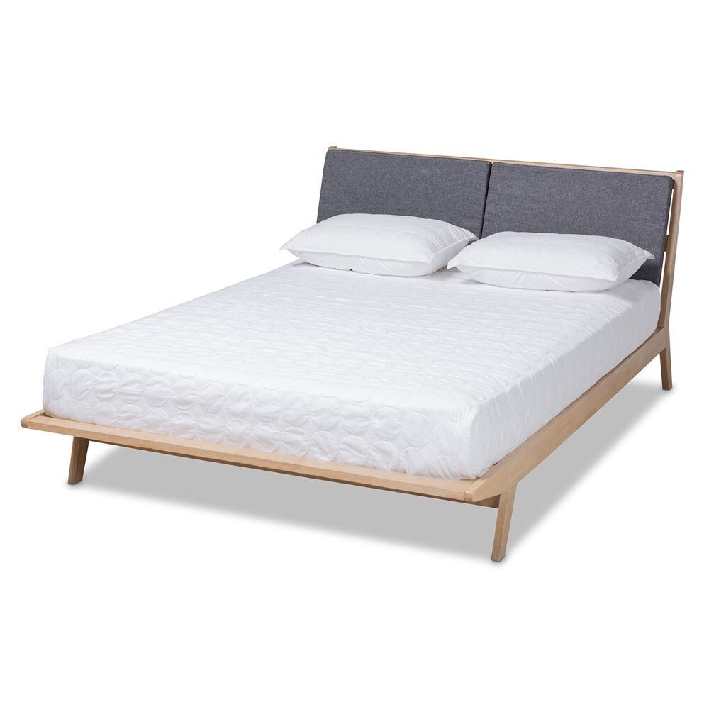 BAXTON STUDIO EMILE MODERN AND CONTEMPORARY GREY FABRIC UPHOLSTERED NATURAL OAK FINISHED WOOD KING SIZE PLATFORM BED