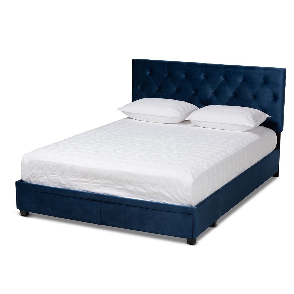 BAXTON STUDIO CARONIA MODERN AND CONTEMPORARY NAVY BLUE VELVET FABRIC UPHOLSTERED 2-DRAWER KING SIZE PLATFORM STORAGE BED