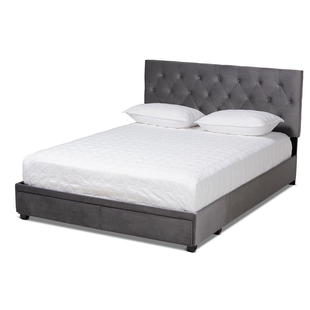 BAXTON STUDIO CARONIA MODERN AND CONTEMPORARY GREY VELVET FABRIC UPHOLSTERED 2-DRAWER KING SIZE PLATFORM STORAGE BED