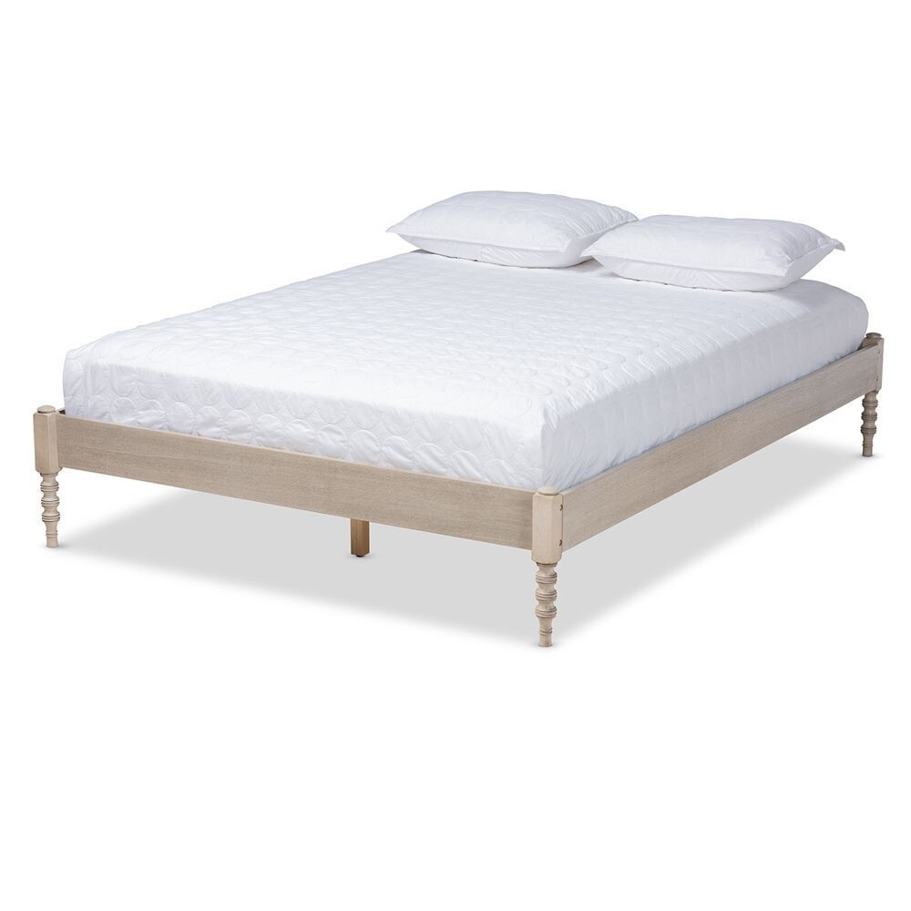 BAXTON STUDIO CIELLE FRENCH BOHEMIAN ANTIQUE WHITE OAK FINISHED WOOD KING SIZE PLATFORM BED FRAME
