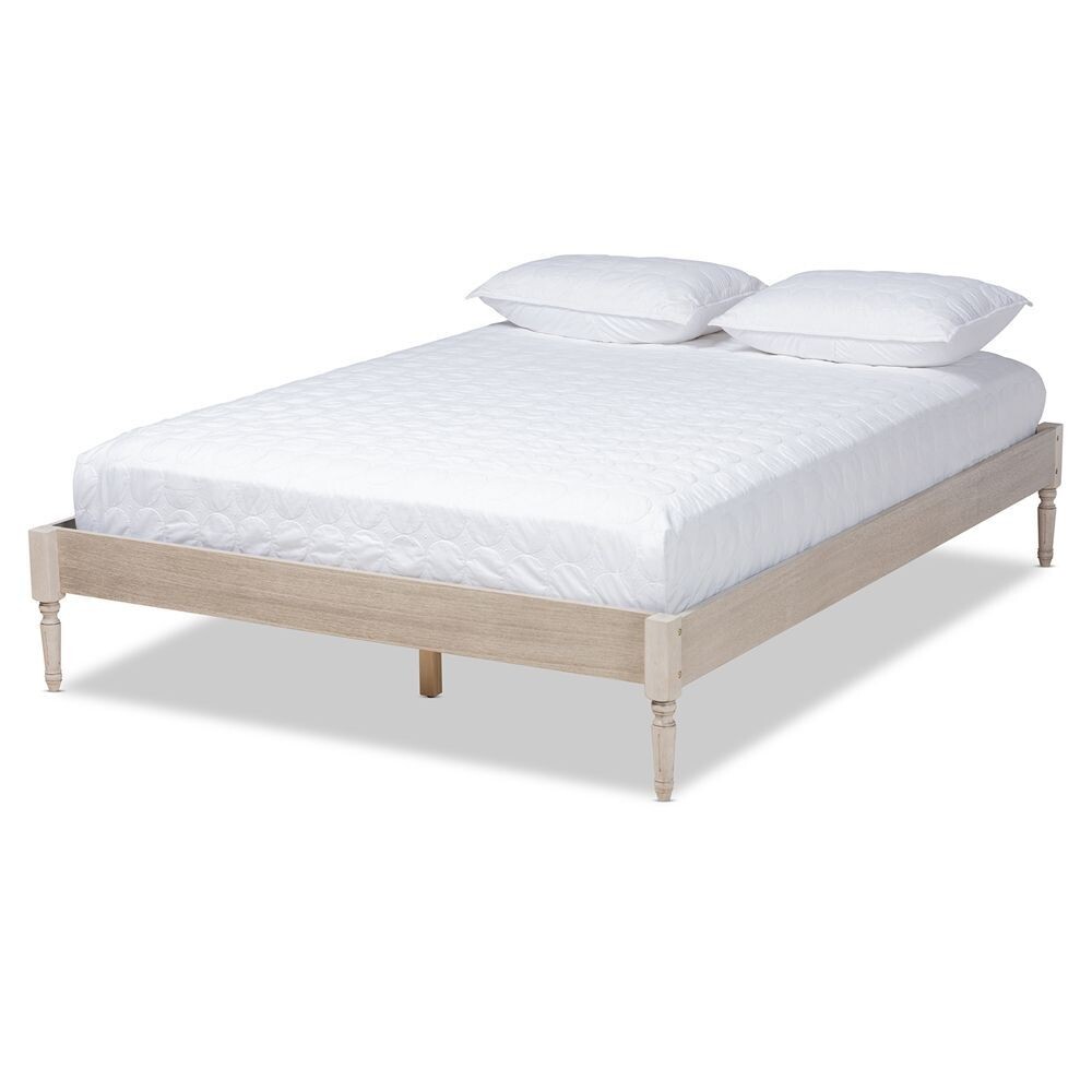 BAXTON STUDIO COLETTE FRENCH BOHEMIAN ANTIQUE WHITE OAK FINISHED WOOD KING SIZE PLATFORM BED FRAME