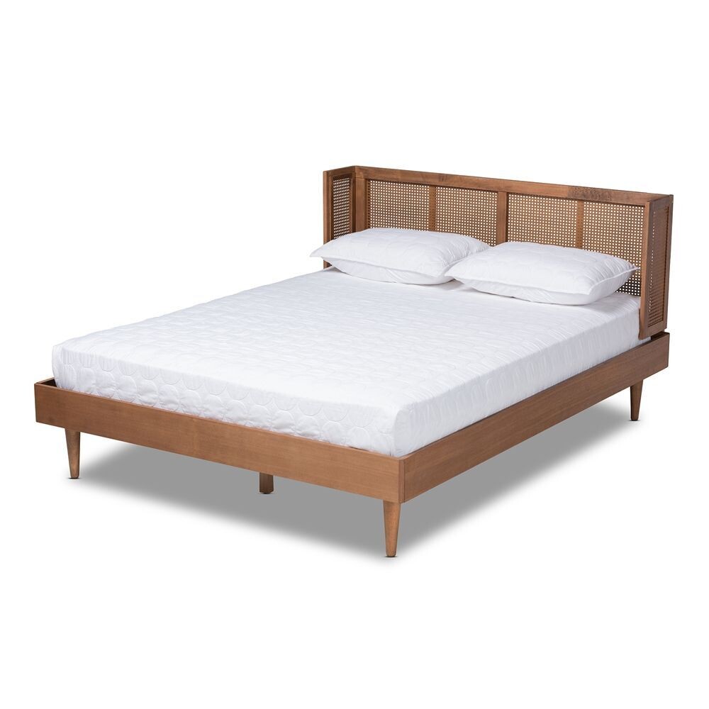 BAXTON STUDIO RINA MID-CENTURY MODERN ASH WANUT FINISHED WOOD AND SYNTHETIC RATTAN KING SIZE PLATFORM BED WITH WRAP-AROUND HEADBOARD