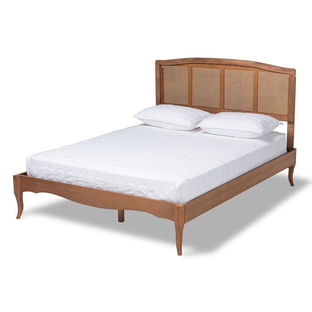 BAXTON STUDIO MARIEKE VINTAGE FRENCH INSPIRED ASH WANUT FINISHED WOOD AND SYNTHETIC RATTAN KING SIZE PLATFORM BED