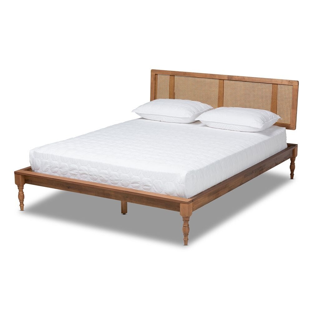 BAXTON STUDIO ROMY VINTAGE FRENCH INSPIRED ASH WANUT FINISHED WOOD AND SYNTHETIC RATTAN KING SIZE PLATFORM BED