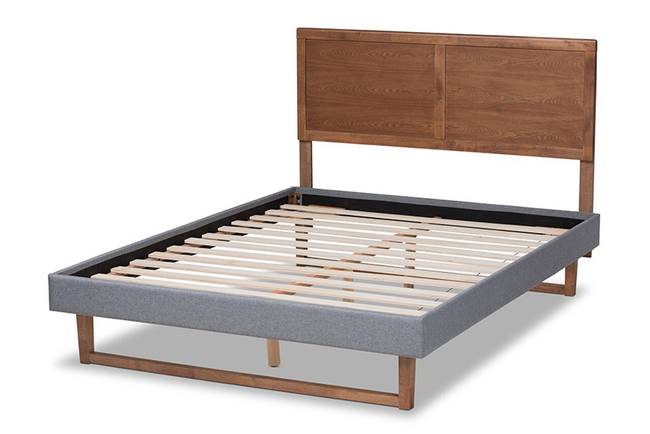 BAXTON STUDIO ALLEGRA MID-CENTURY MODERN DARK GREY FABRIC UPHOLSTERED AND ASH WALNUT BROWN FINISHED WOOD KING SIZE PLATFORM BED