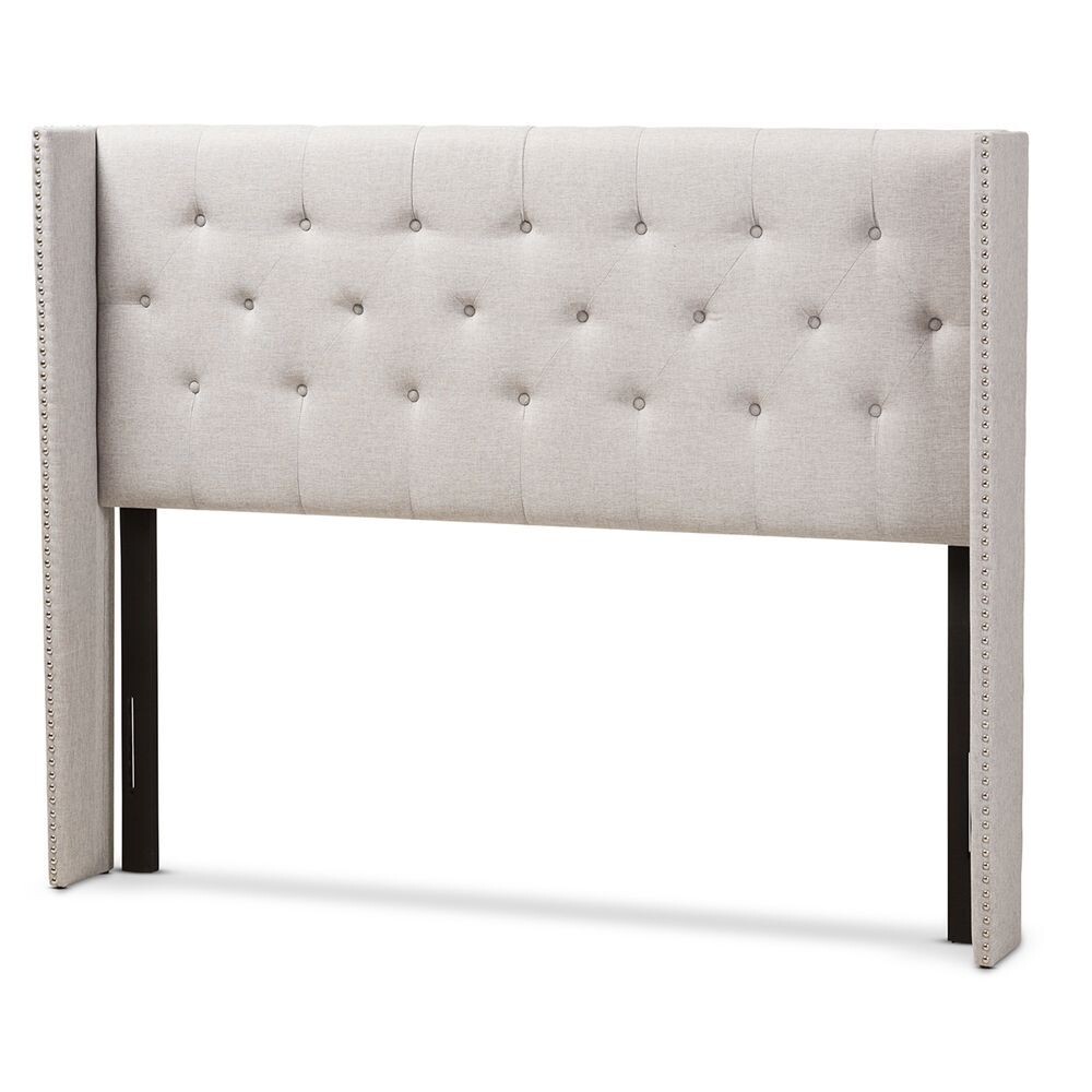 BAXTON STUDIO ALLY MODERN AND CONTEMPORARY GREYISH BEIGE FABRIC BUTTON-TUFTED NAIL HEAD KING SIZE WINGED HEADBOARD