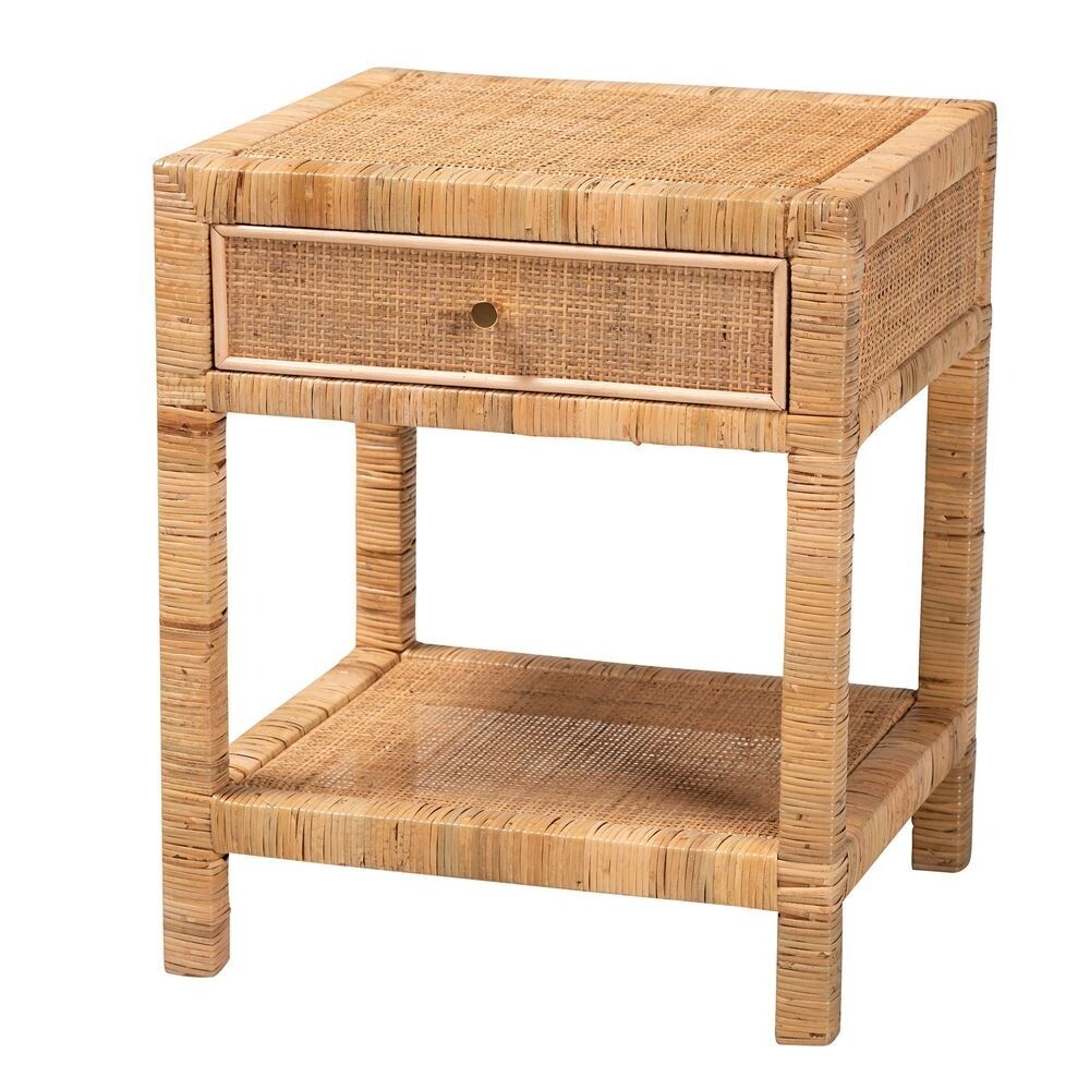 BAXTON STUDIO ADELIA MODERN BOHEMIAN NATURAL RATTAN AND MAHOGANY WOOD 1-DRAWER NIGHTSTAND