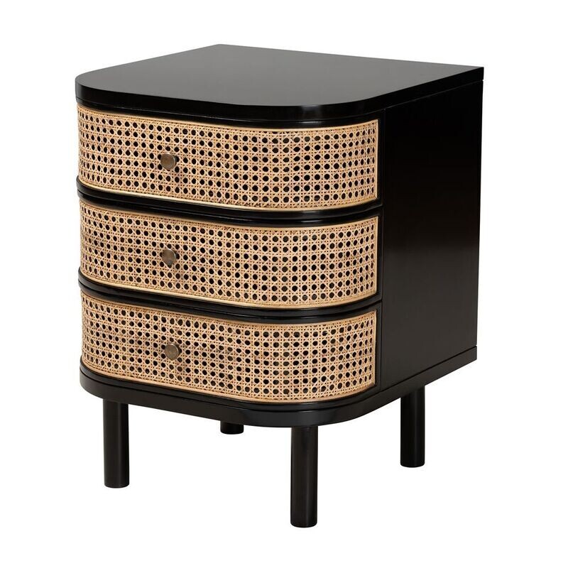 BAXTON STUDIO NABILA MODERN BOHEMIAN BLACK BAYUR WOOD AND NATURAL RATTAN 3-DRAWER END TABLE NIGHTSTAND
