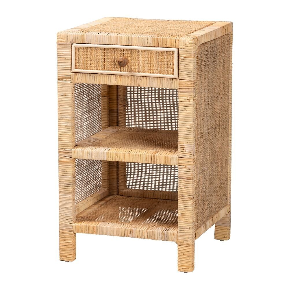 BAXTON STUDIO BELLA MODERN BOHEMIAN NATURAL BROWN MAHOGANY WOOD AND NATURAL RATTAN 1-DRAWER NIGHTSTAND