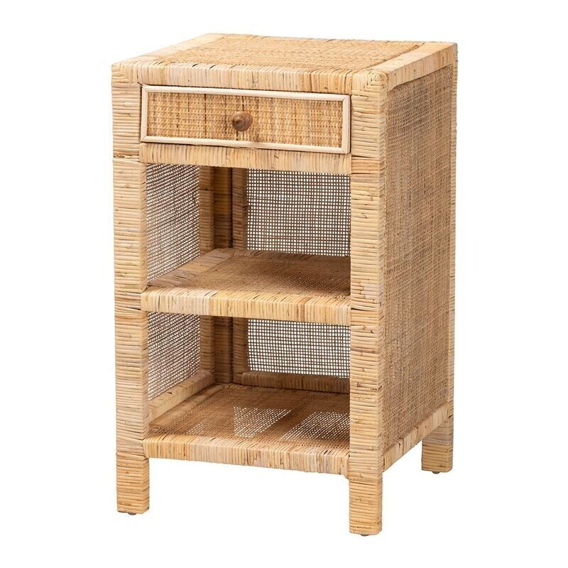 BAXTON STUDIO BELLA MODERN BOHEMIAN NATURAL BROWN MAHOGANY WOOD AND NATURAL RATTAN 1-DRAWER NIGHTSTAND