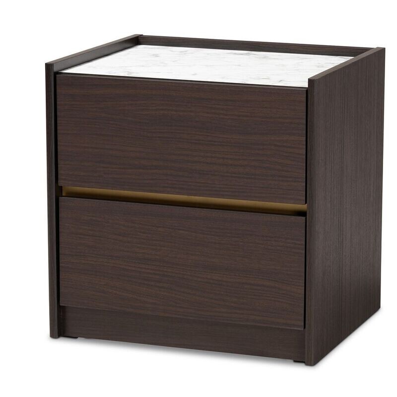 BAXTON STUDIO WALKER MODERN AND CONTEMPORARY DARK BROWN AND GOLD FINISHED WOOD NIGHTSTAND WITH FAUX MARBLE TOP