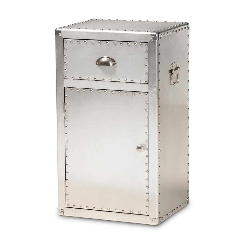 BAXTON STUDIO SERGE FRENCH INDUSTRIAL SILVER METAL 1-DOOR ACCENT STORAGE CABINET