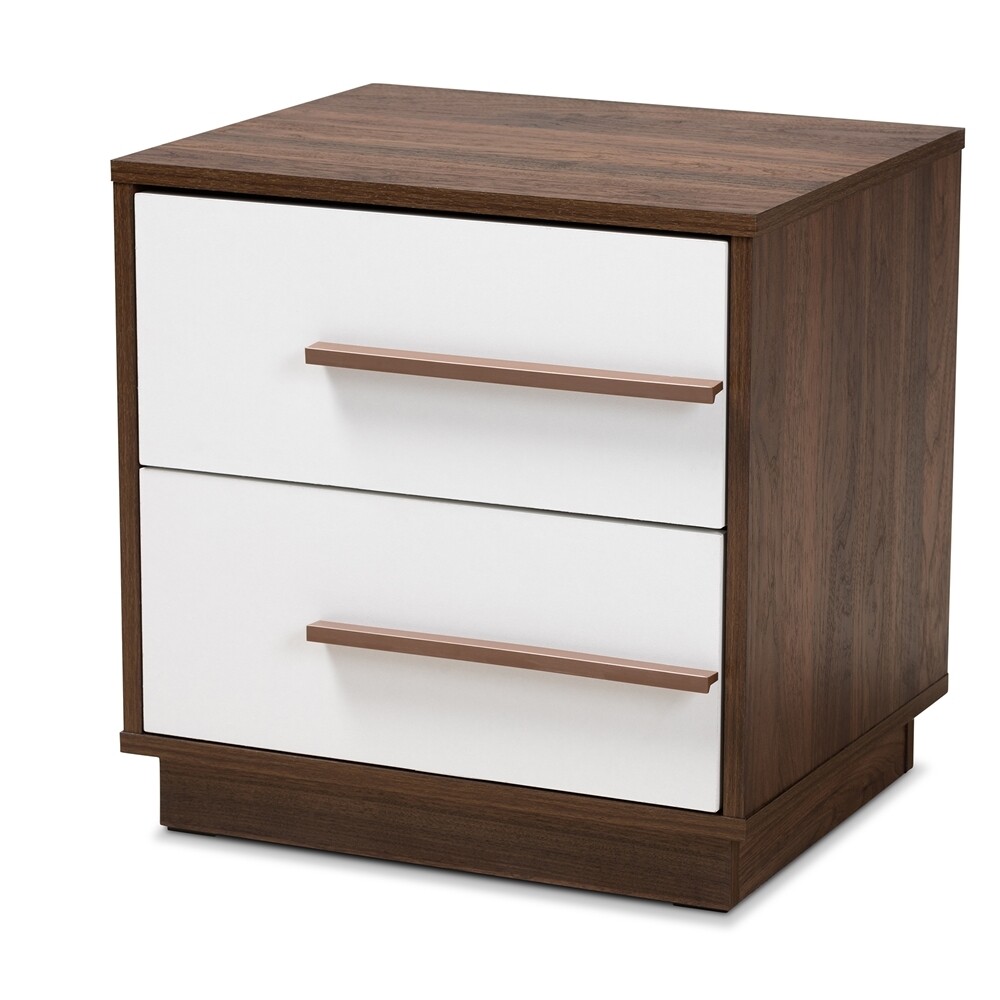 BAXTON STUDIO METTE MID-CENTURY MODERN TWO-TONE WHITE AND WALNUT FINISHED 2-DRAWER WOOD NIGHTSTAND