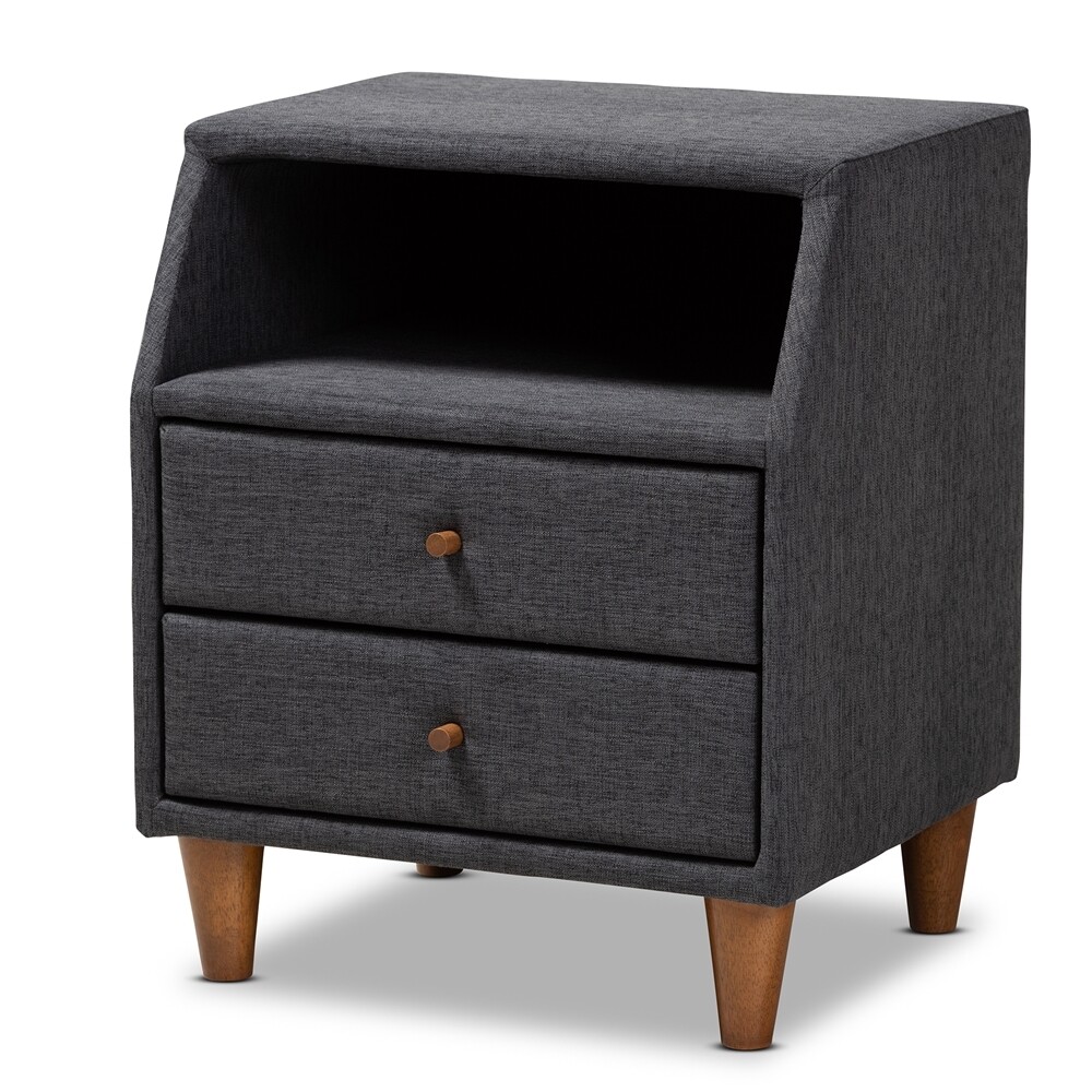 BAXTON STUDIO CLAVERIE MID-CENTURY MODERN CHARCOAL FABRIC UPHOLSTERED 2-DRAWER WOOD NIGHTSTAND