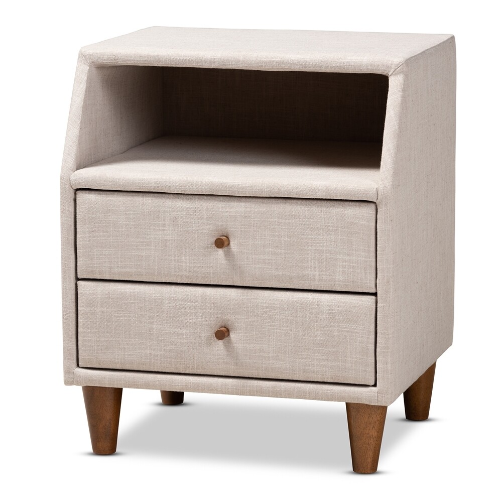 BAXTON STUDIO CLAVERIE MID-CENTURY MODERN BEIGE FABRIC UPHOLSTERED 2-DRAWER WOOD NIGHTSTAND