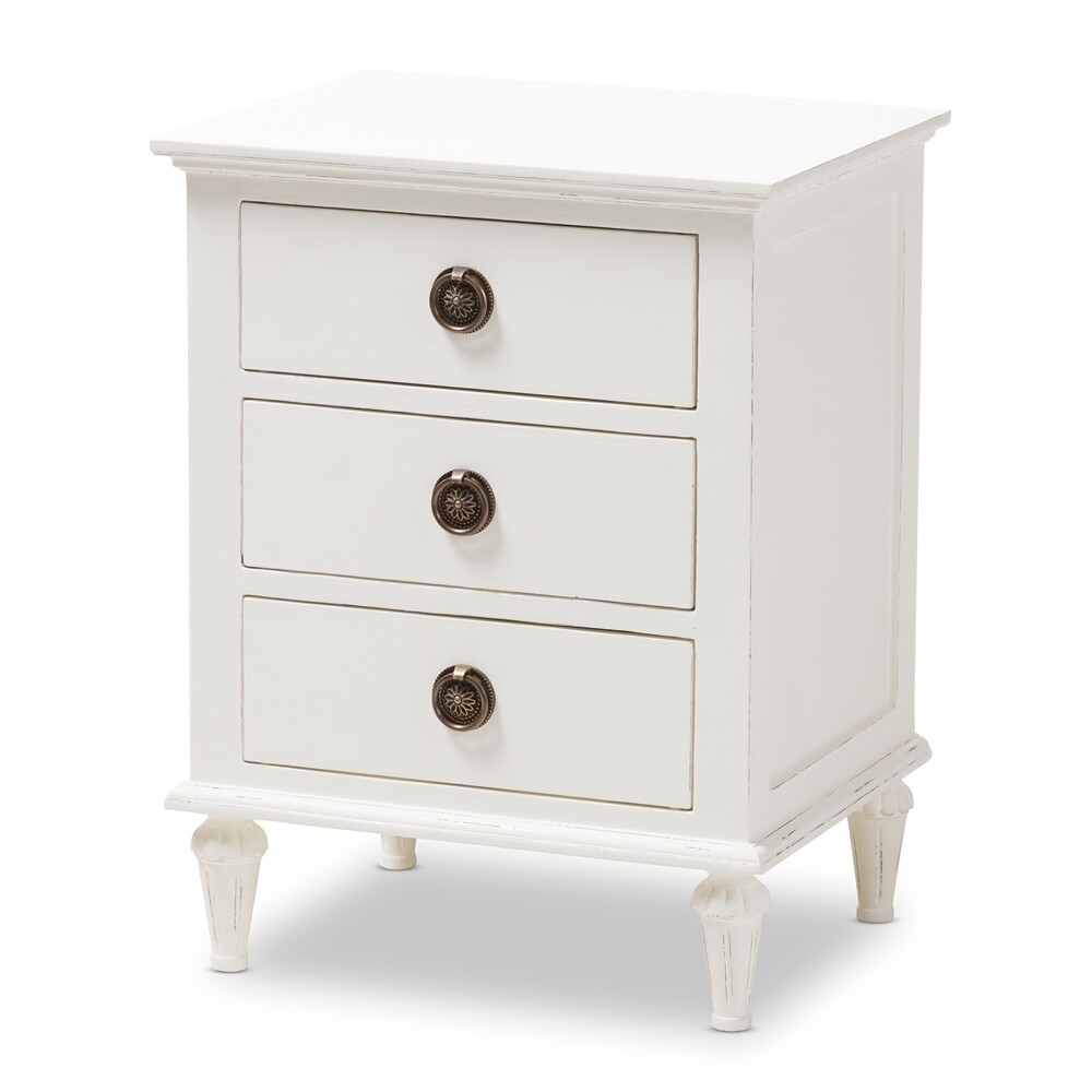 BAXTON STUDIO VENEZIA FRENCH-INSPIRED RUSTIC WHITEWASH WOOD 3-DRAWER NIGHTSTAND
