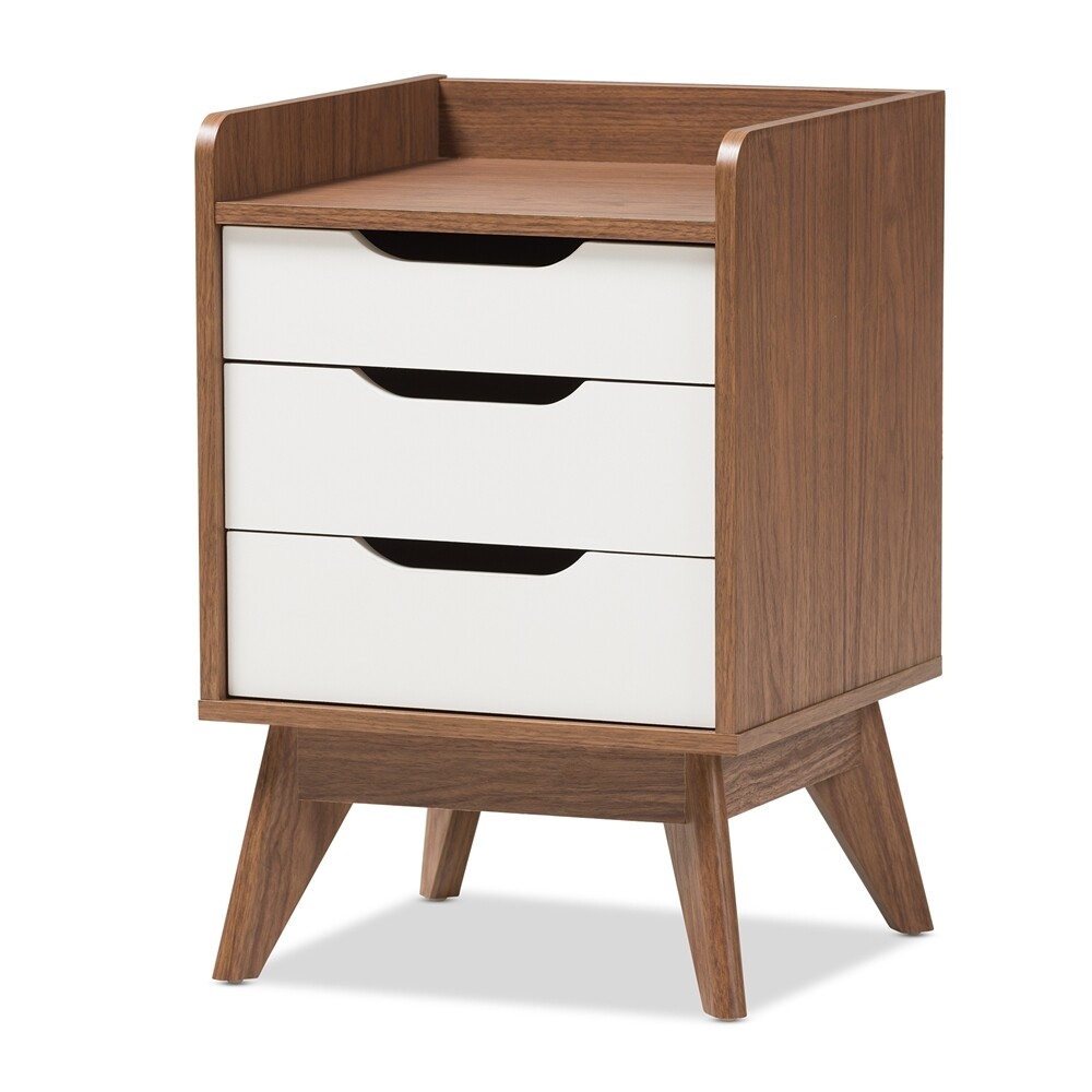 BAXTON STUDIO BRIGHTON MID-CENTURY MODERN WHITE AND WALNUT WOOD 3-DRAWER STORAGE NIGHTSTAND