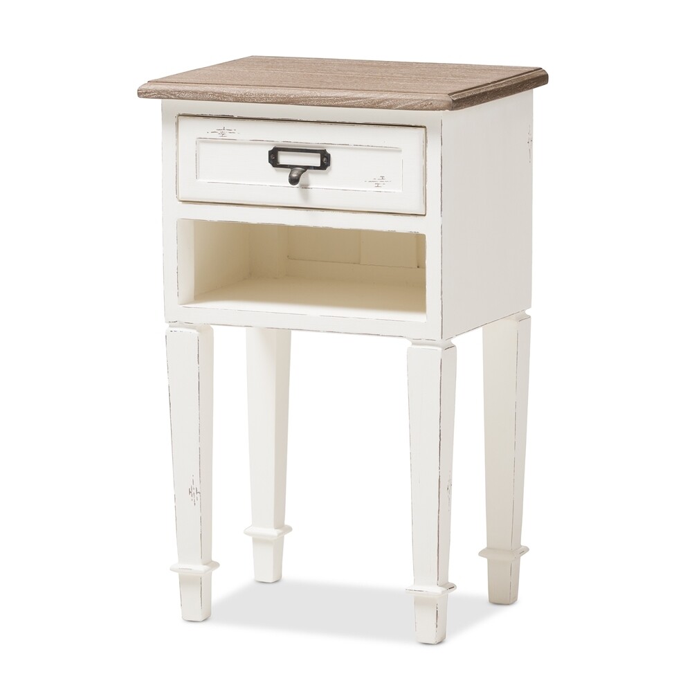 BAXTON STUDIO DAUPHINE PROVINCIAL STYLE WEATHERED OAK AND WHITE WASH DISTRESSED FINISH WOOD NIGHTSTAND