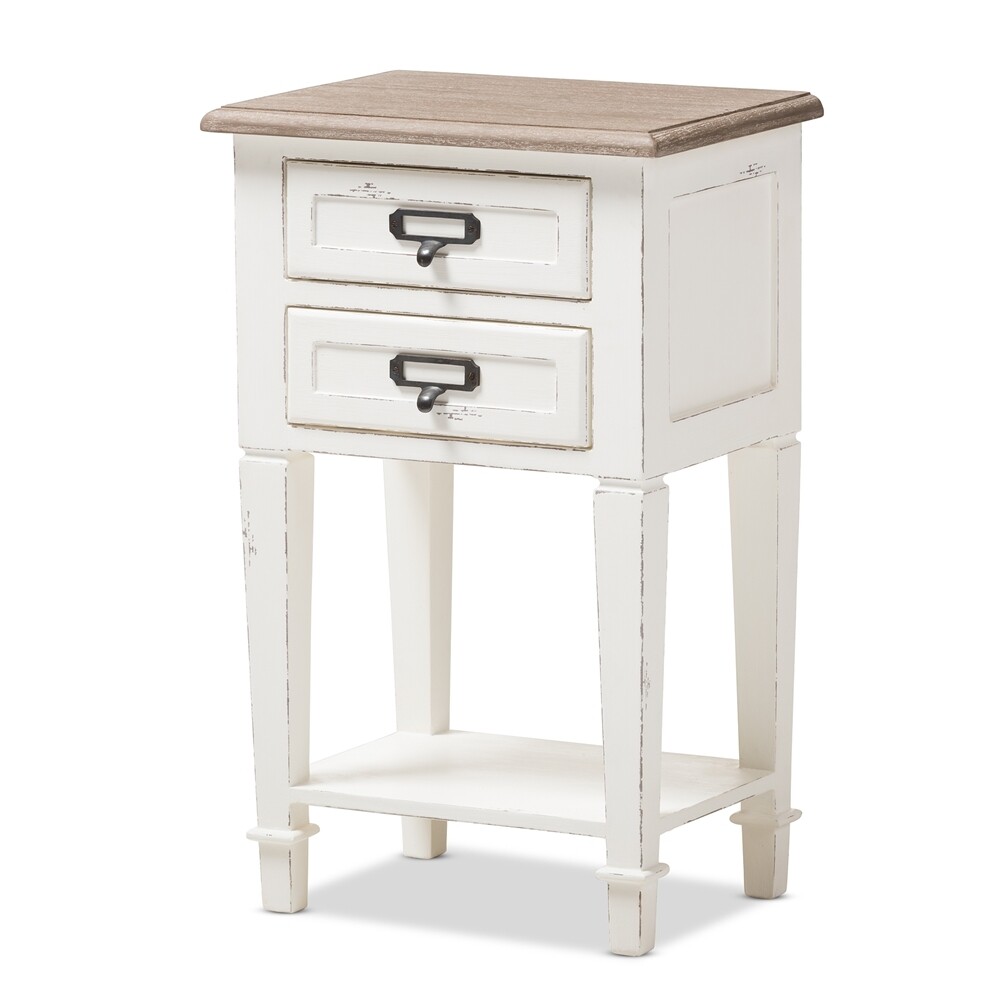 BAXTON STUDIO DAUPHINE PROVINCIAL STYLE WEATHERED OAK AND WHITE WASH DISTRESSED FINISH WOOD NIGHTSTAND