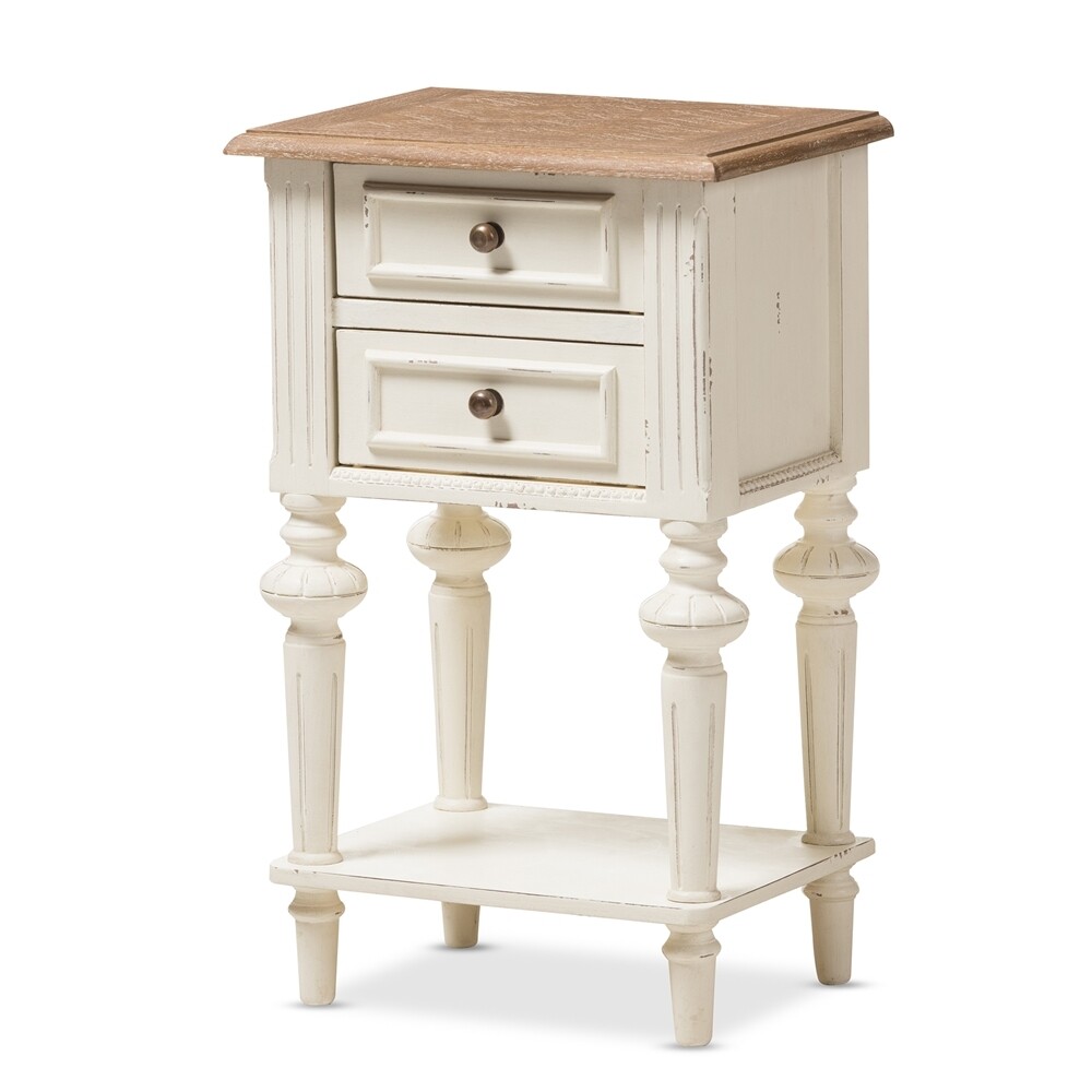 BAXTON STUDIO MARQUETTERIE FRENCH PROVINCIAL STYLE WEATHERED OAK AND WHITE WASH DISTRESSED FINISH WOOD TWO-TONE 2-DRAWER AND 1-SHELF NIGHTSTAND