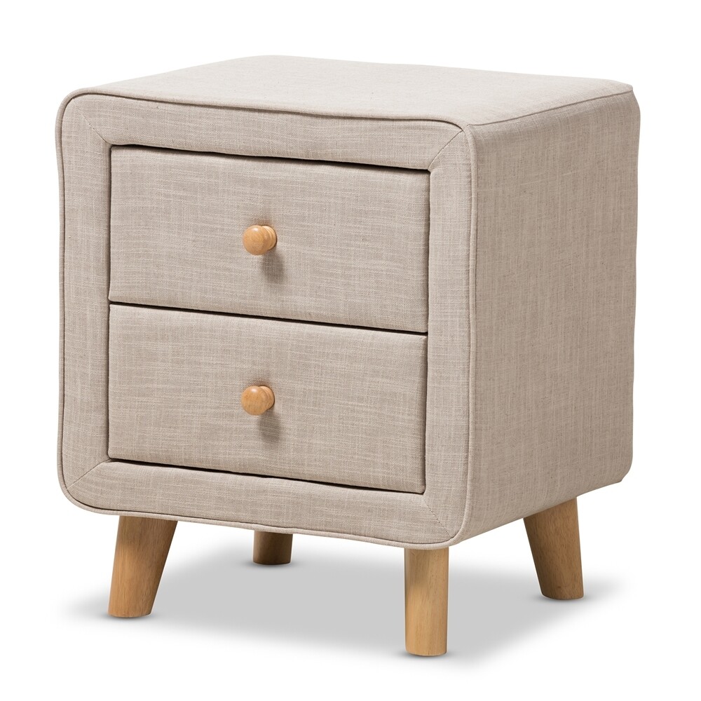 BAXTON STUDIO JONESY MID-CENTURY BEIGE LINEN UPHOLSTERED 2-DRAWER NIGHTSTAND