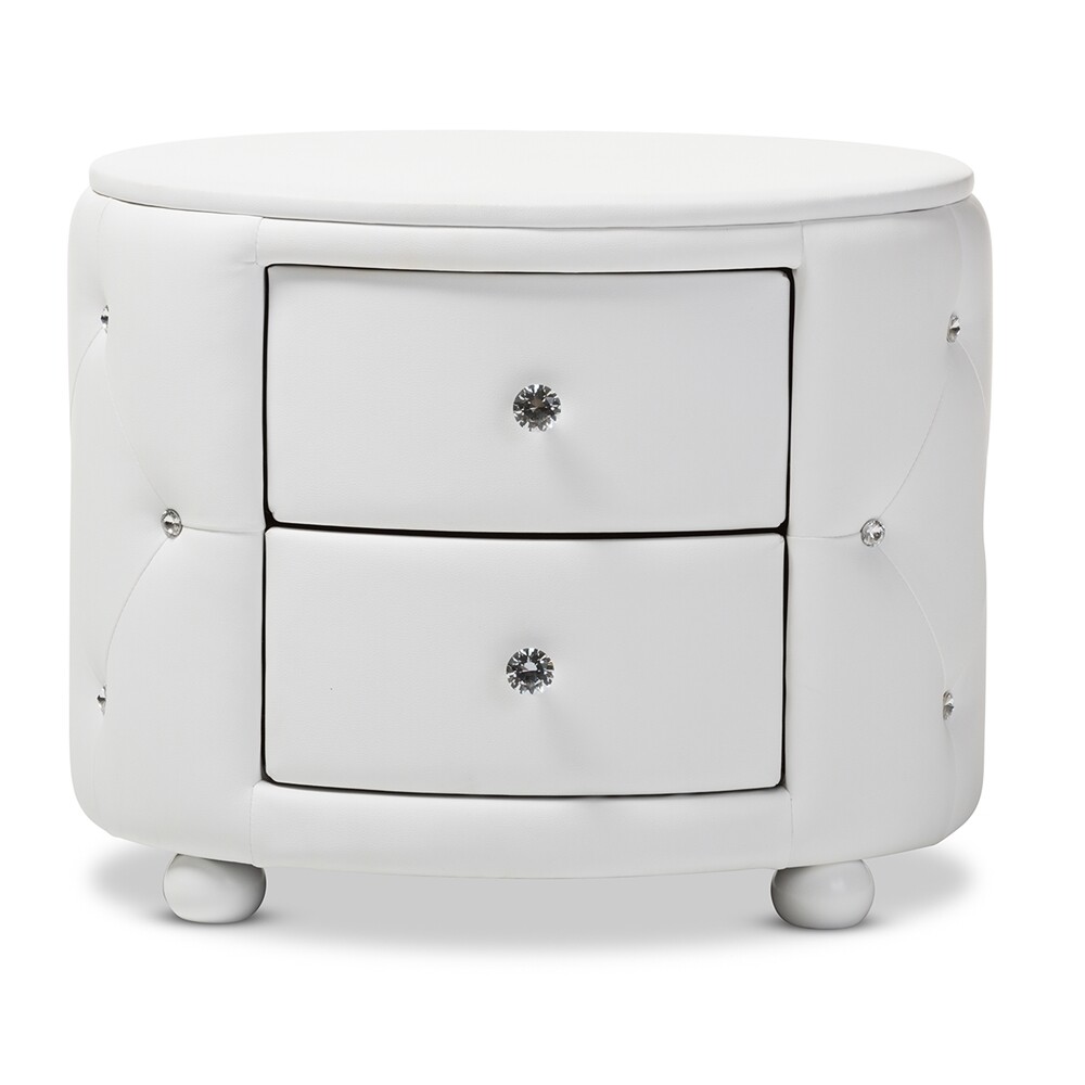 BAXTON STUDIO DAVINA HOLLYWOOD GLAMOUR STYLE OVAL 2-DRAWER WHITE FAUX LEATHER UPHOLSTERED NIGHTSTAND