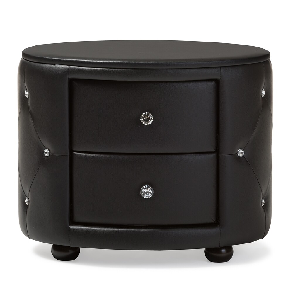 BAXTON STUDIO DAVINA HOLLYWOOD GLAMOUR STYLE OVAL 2-DRAWER BLACK FAUX LEATHER UPHOLSTERED NIGHTSTAND