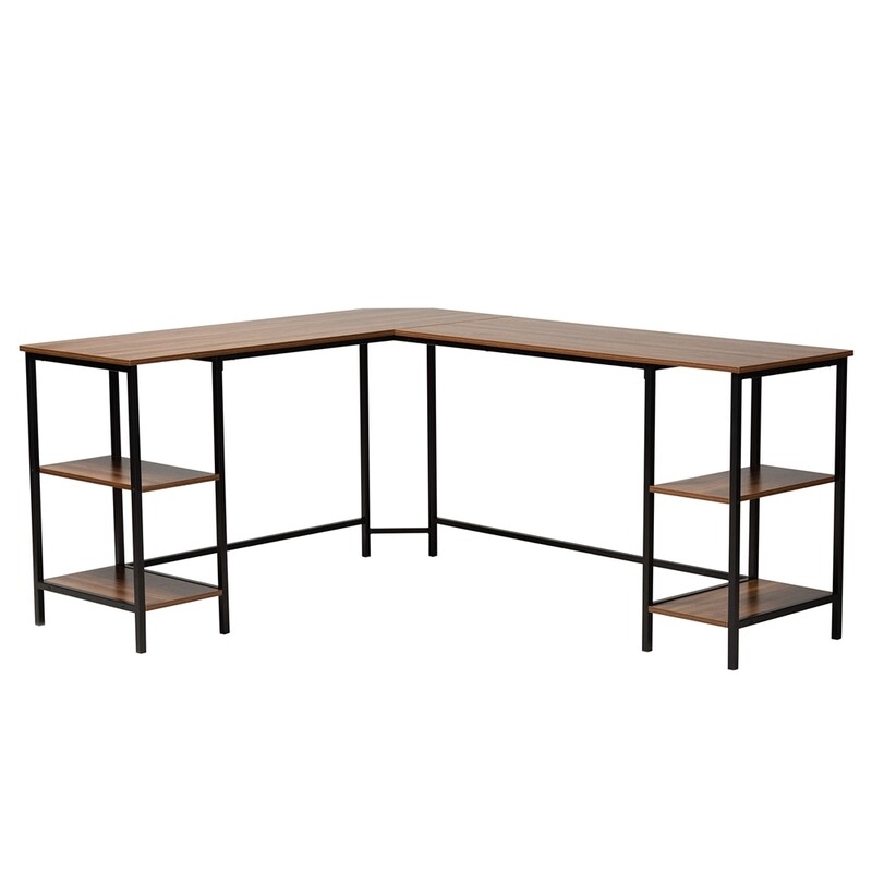BAXTON STUDIO LYDIA MODERN WALNUT BROWN FINISHED WOOD AND BLACK METAL L-SHAPED CORNER DESK WITH SHELVES