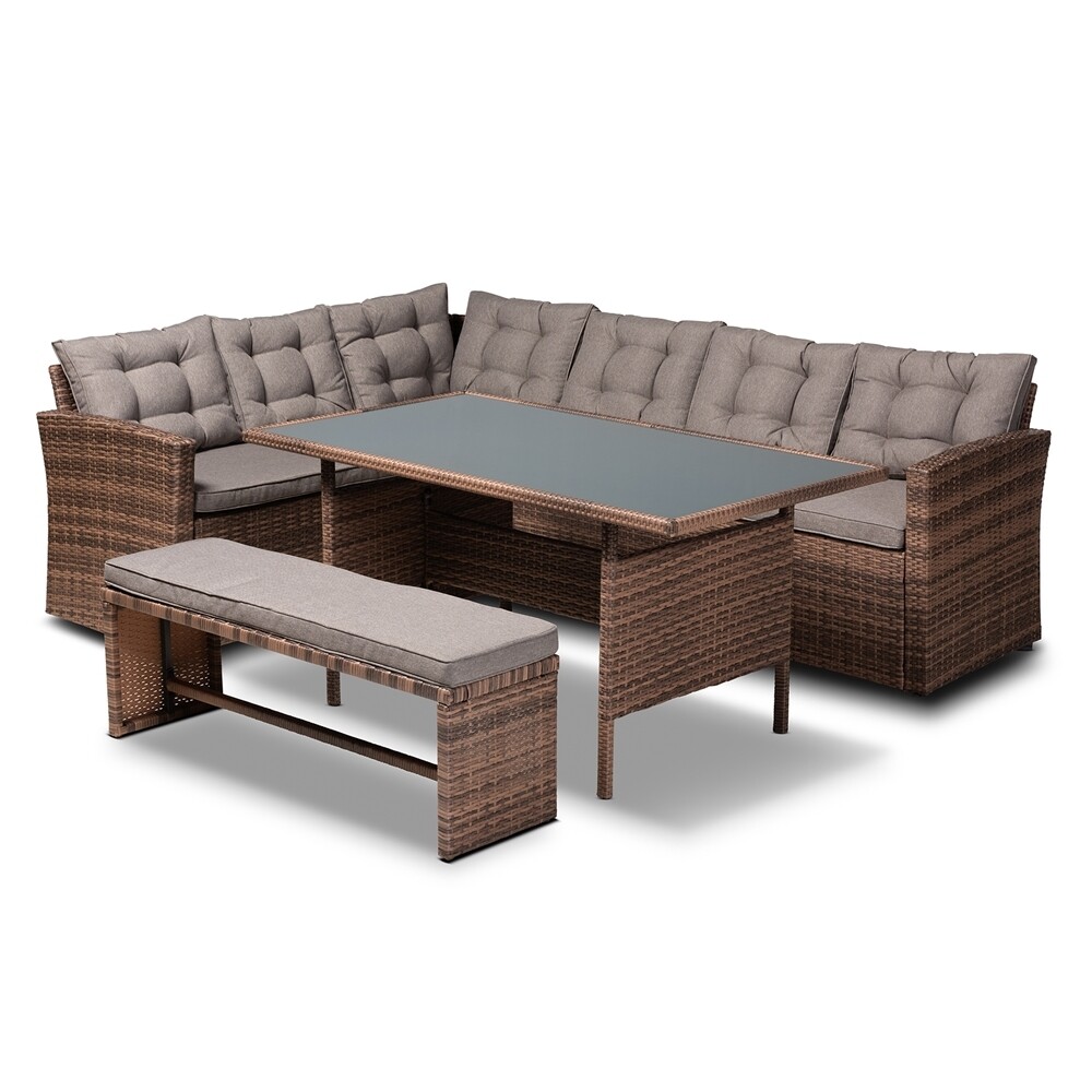 BAXTON STUDIO ANGELA MODERN AND CONTEMPORARY GREY FABRIC UPHOLSTERED AND BROWN FINISHED 4-PIECE WOVEN RATTAN OUTDOOR PATIO SET