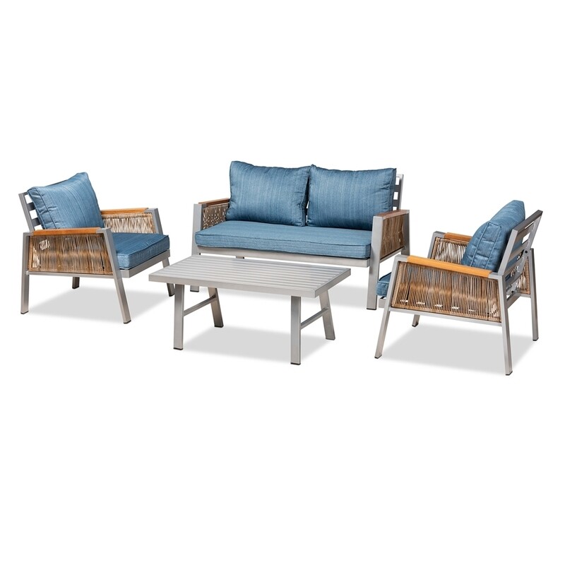 BAXTON STUDIO NICHOLSON MODERN AND CONTEMPORARY BLUE FABRIC UPHOLSTERED AND GREY FINISHED METAL WITH BROWN FINISHED PE RATTAN 4-PIECE OUTDOOR PATIO LOUNGE SET BAXTON STUDIO NICHOLSON MODERN AND CONTEMPORARY BLUE FABRIC UPHOLSTERED AND GREY FINISHED METAL WITH BROWN FINISHED PE RATTAN 4-PIECE OUTDOOR PATIO LOUNGE SET